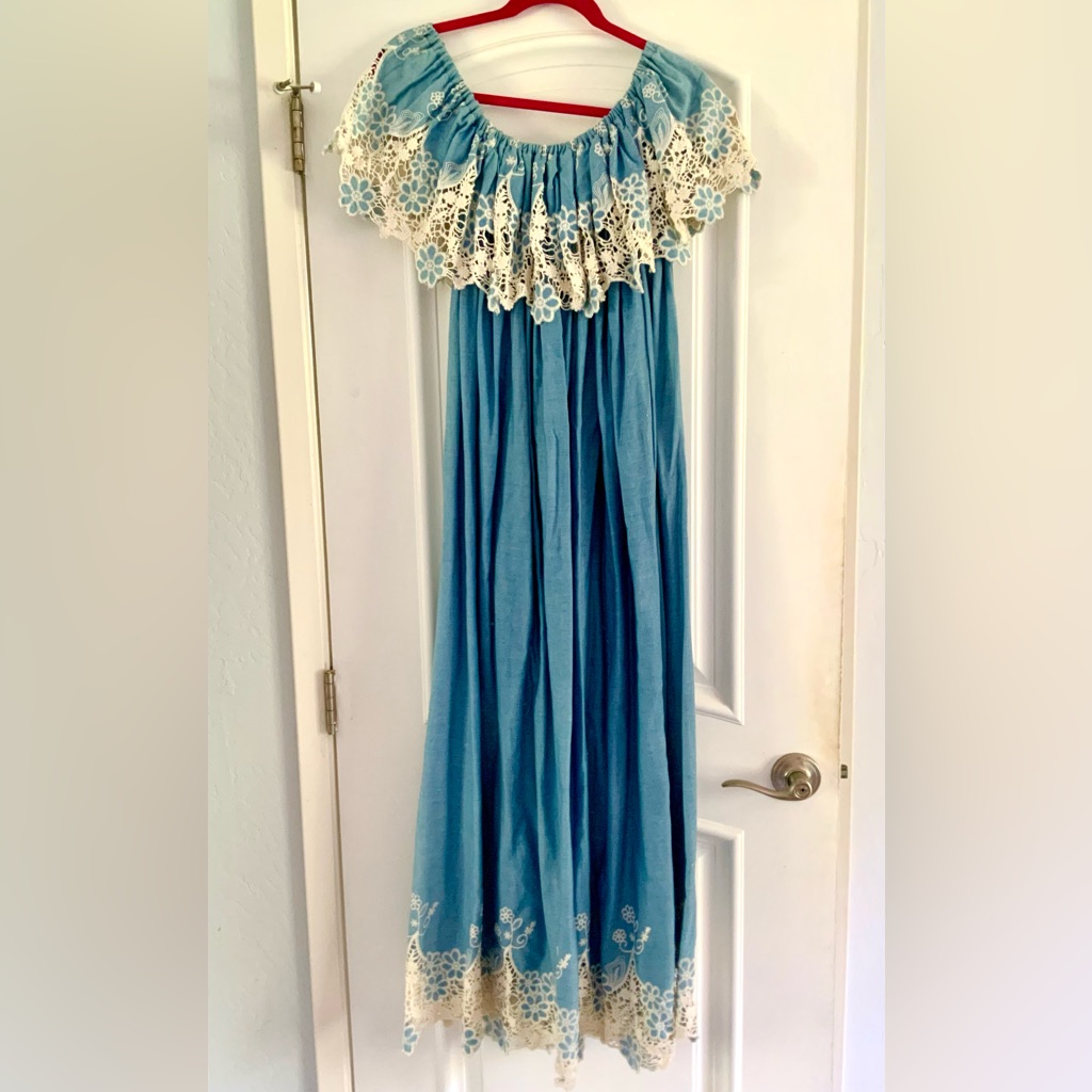 Sew Trendy Blue Off-Shoulder Ruffle Dress With Lace Detail